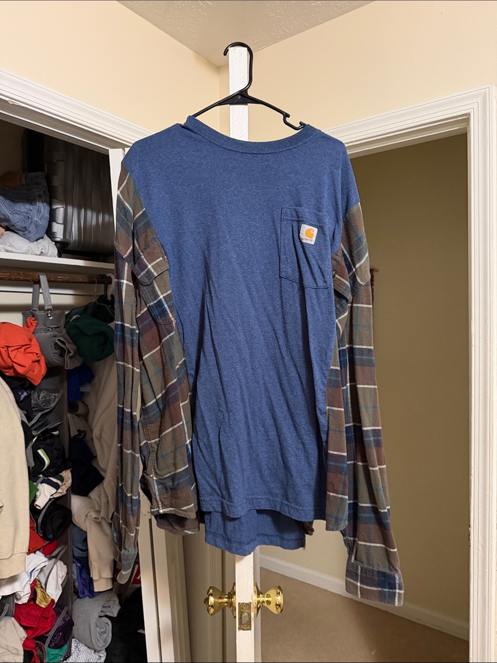 Reworked Carhartt Blue Long-Sleeve Pocket Tee with Plaid Brown Sleeves
